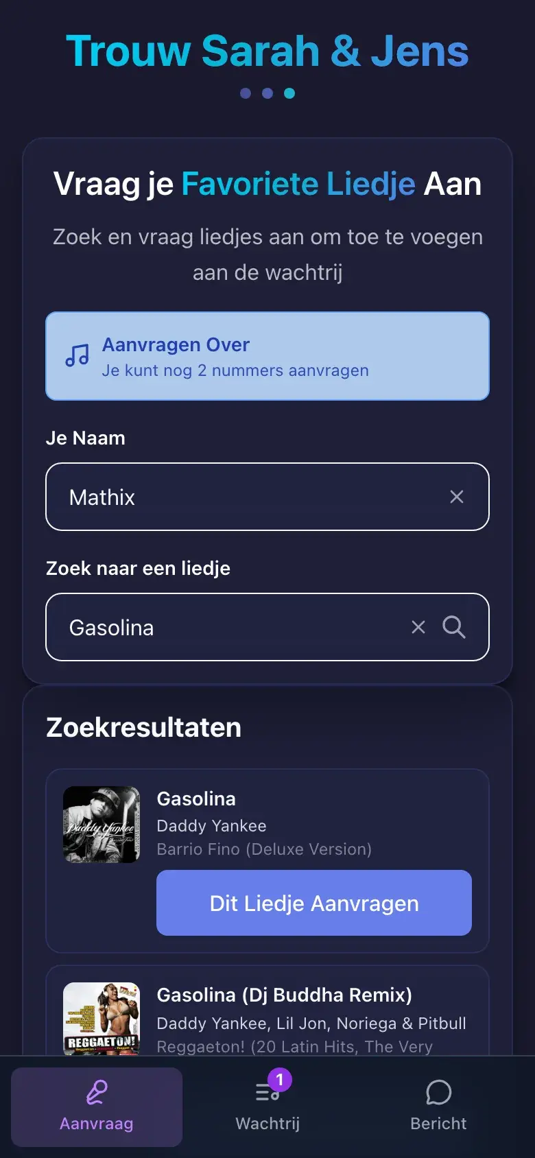 Het gastscherm van de song request app op een smartphone: naam ingevuld, zoekopdracht Gasolina en de eerste resultaten